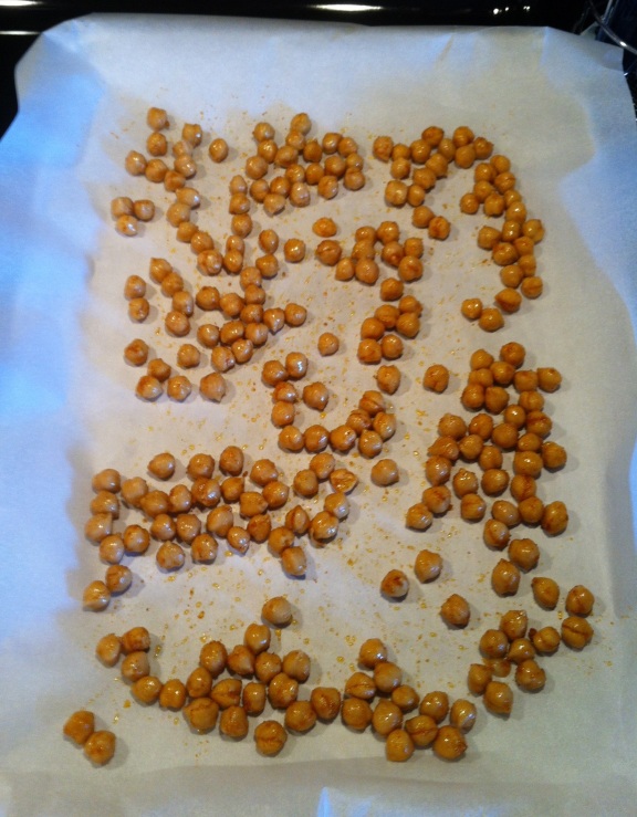 The pan of chickpeas, before going into the oven.
